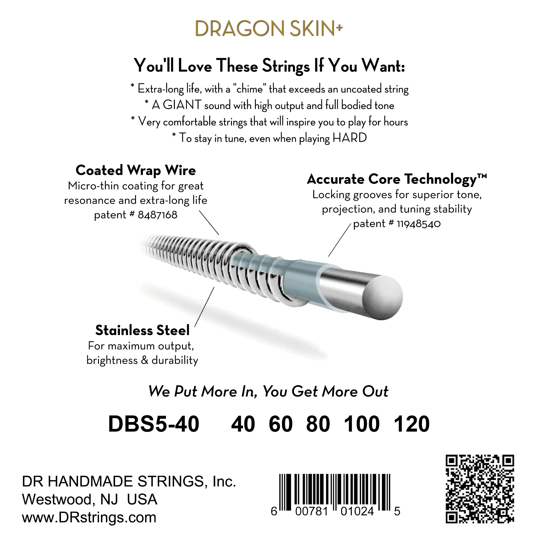 Dr Jeu De 5 Cordes Dragon Skin+ Core Technology Coated Wrap 40-120 - Cordes Basse Électrique - Variation 1