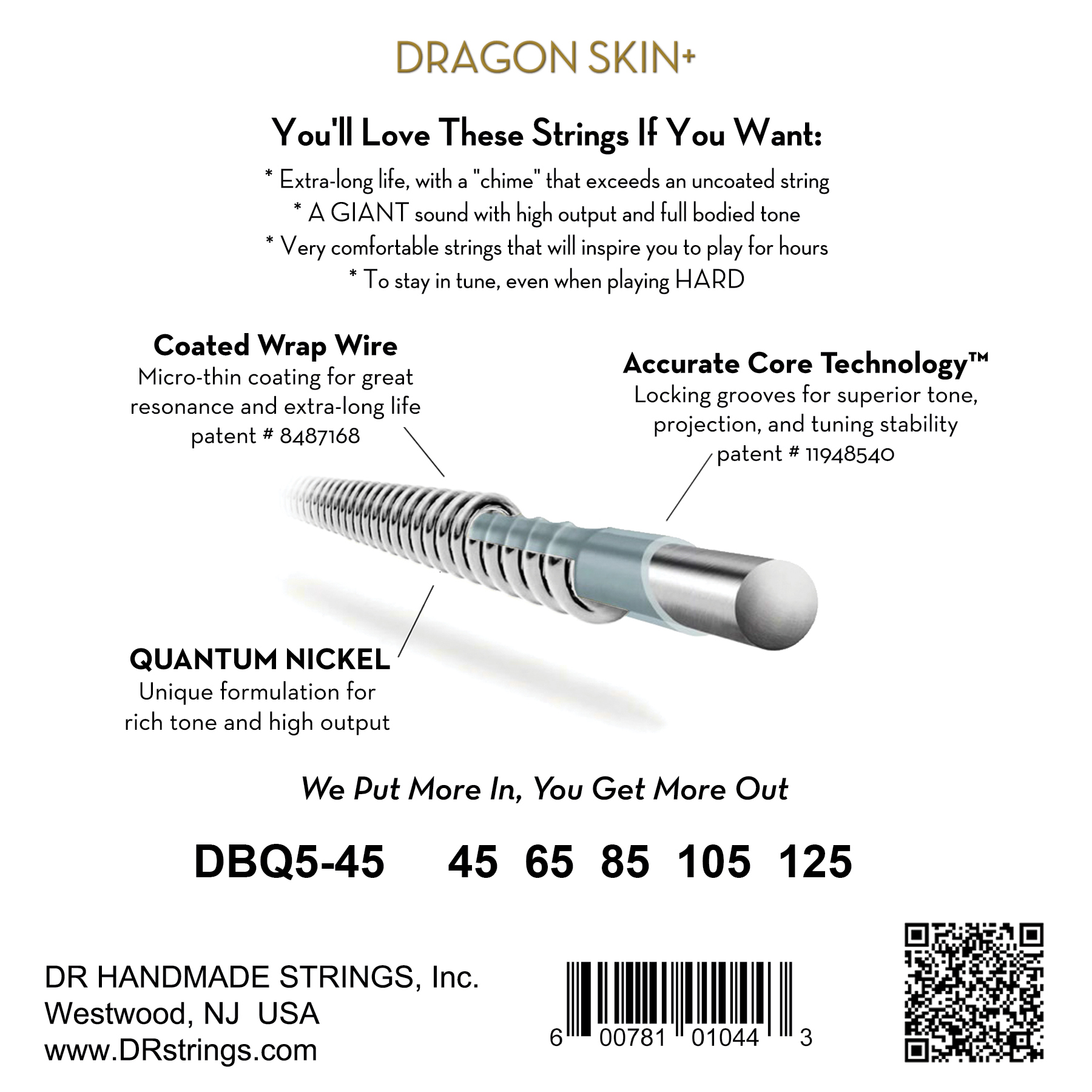 Dr Jeu De 4 Cordes Dragon Skin+ Core Technology Coated Wrap 45-105 - Cordes Basse Électrique - Variation 1
