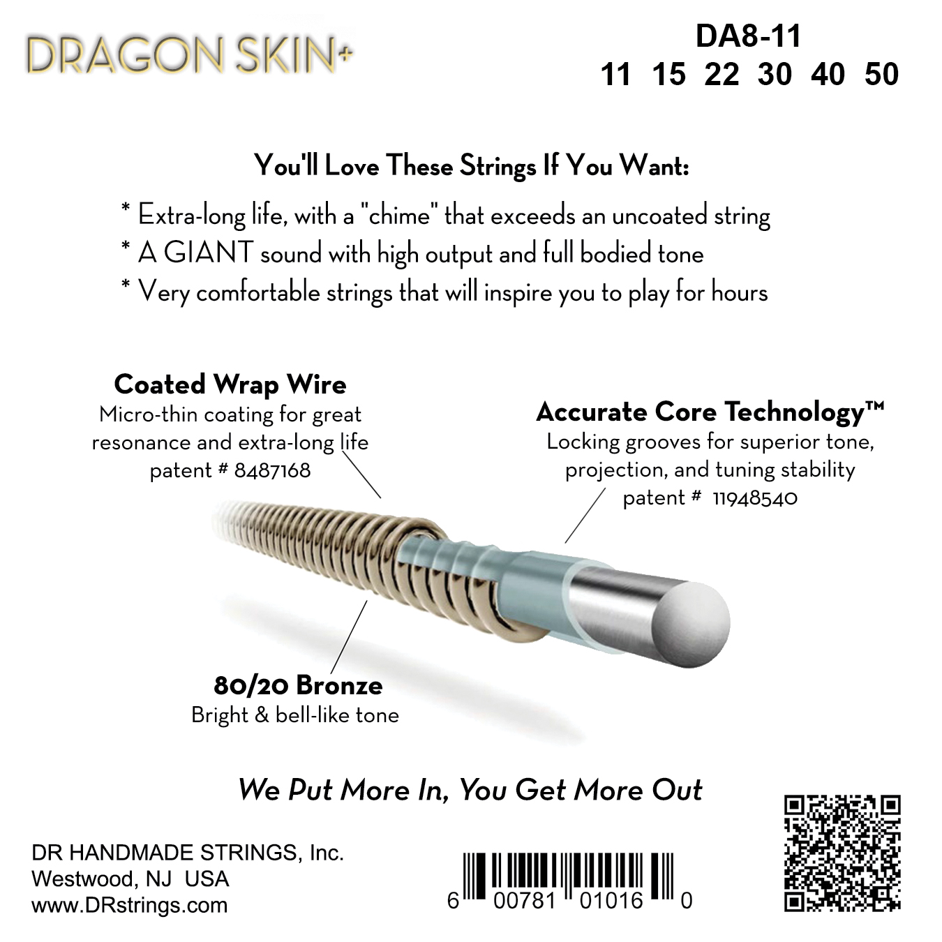 Dr Jeu De 6 Cordes Dragon Skin+ Core Technology Coated Wrap 80/20 11-50 - Cordes Guitare Acoustique - Variation 1