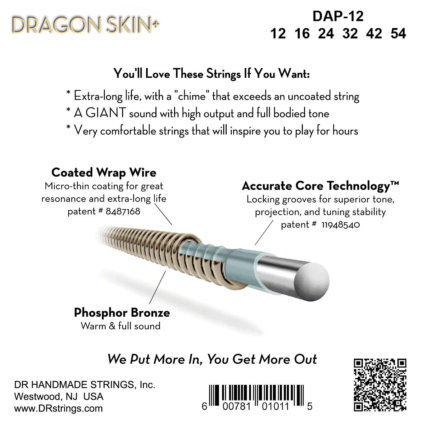 Dr Jeu De 6 Cordes Dragon Skin+ Core Technology Coated Wrap Phosphore Bronze 12-54 - Cordes Guitare Acoustique - Variation 1