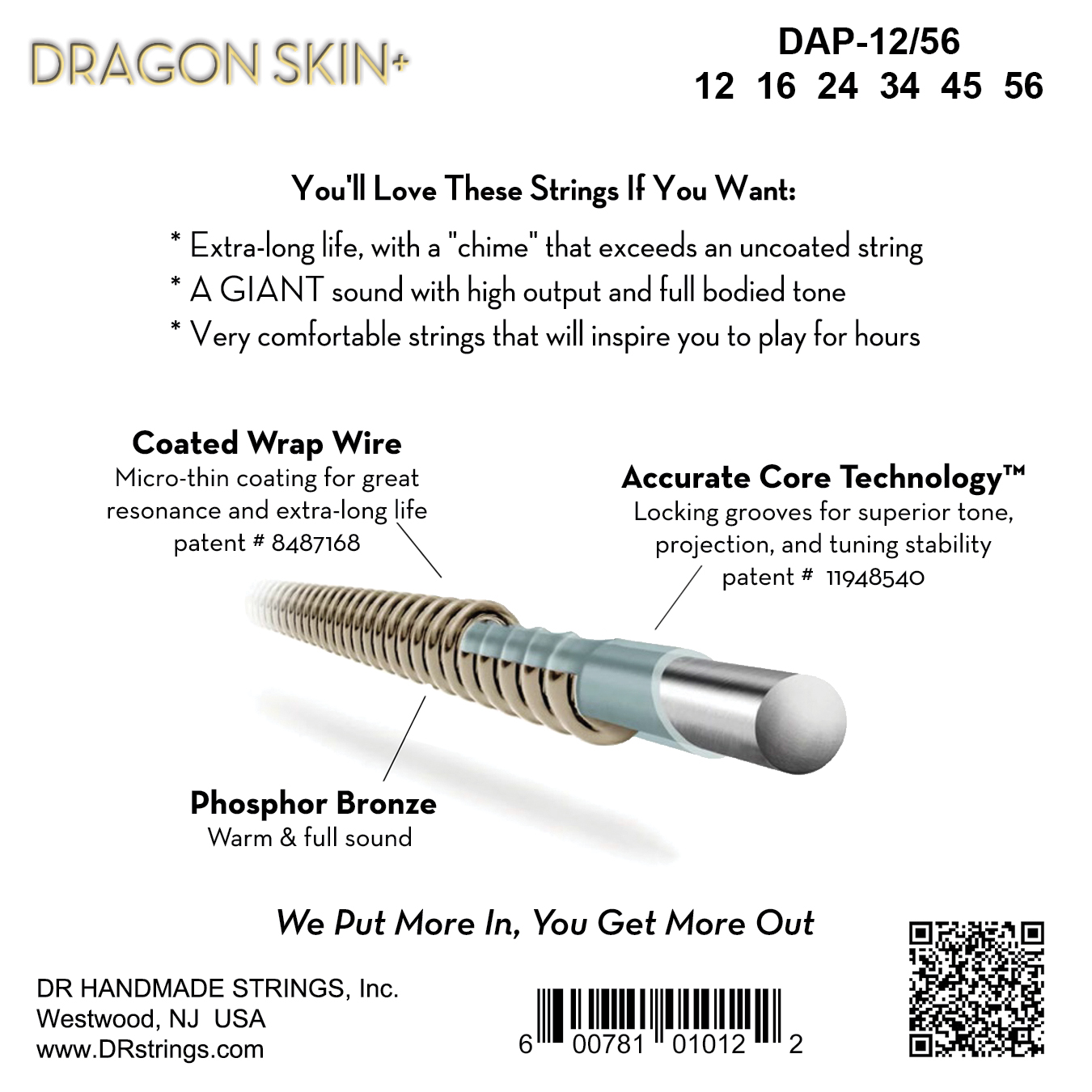 Dr Jeu De 6 Cordes Dragon Skin+ Core Technology Coated Wrap Posphore Bronze 12-56 - Cordes Guitare Acoustique - Variation 1