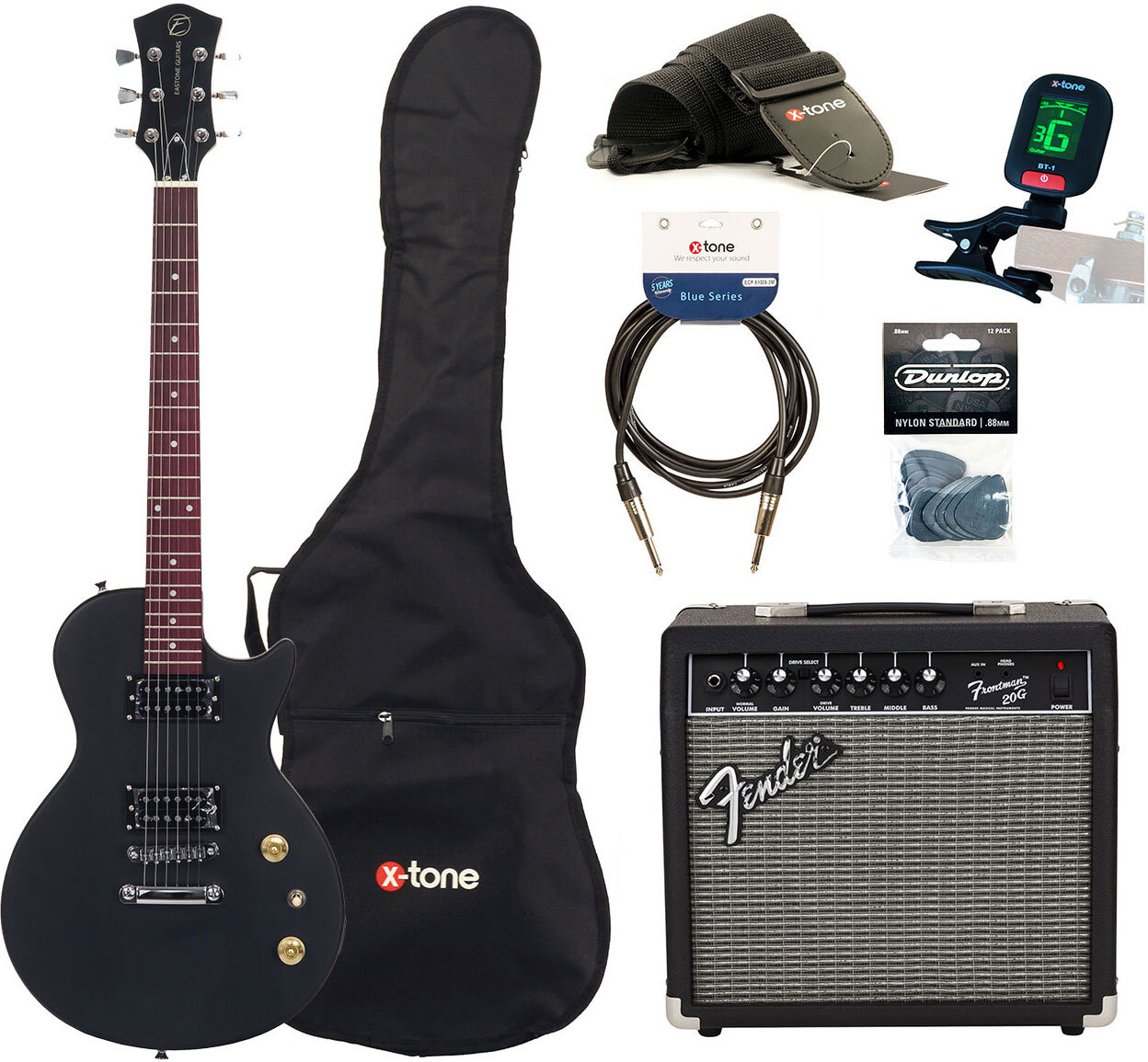 Eastone Lpl70 +fender Frontman 20g +cable +clip-on Tuner +mediators +housse +courroie - Black Satin - Pack Guitare Électrique - Main picture