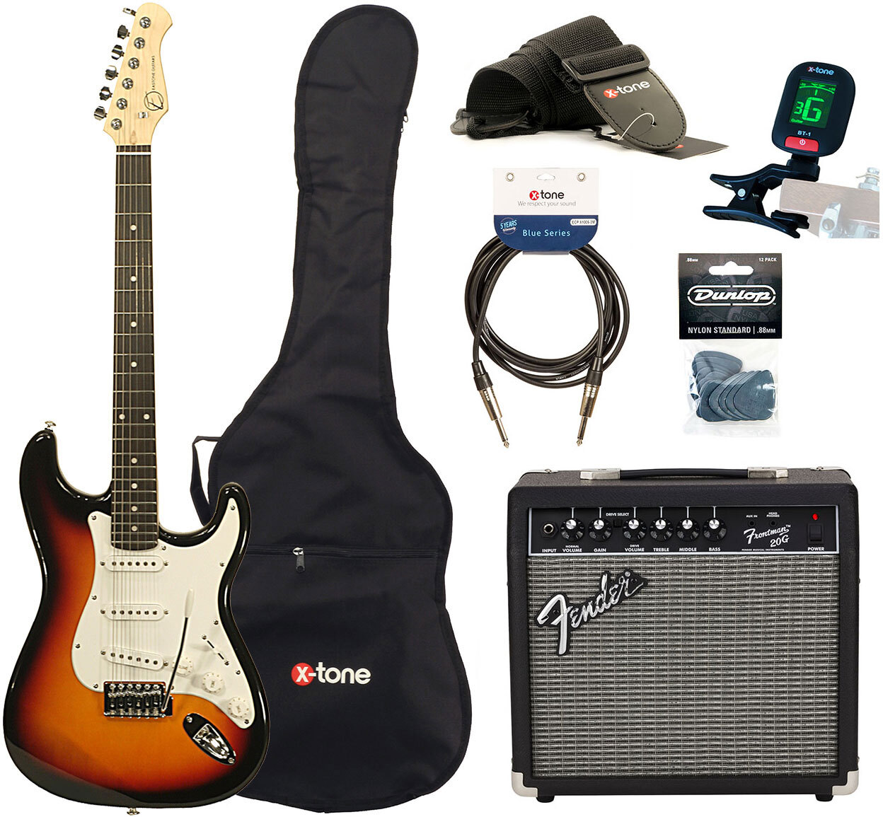 Eastone Str70 +fender Frontman 20g +cable +clip-on Tuner +mediators +housse +courroie - 3 Tone Sunburst - Pack Guitare Électrique - Main picture