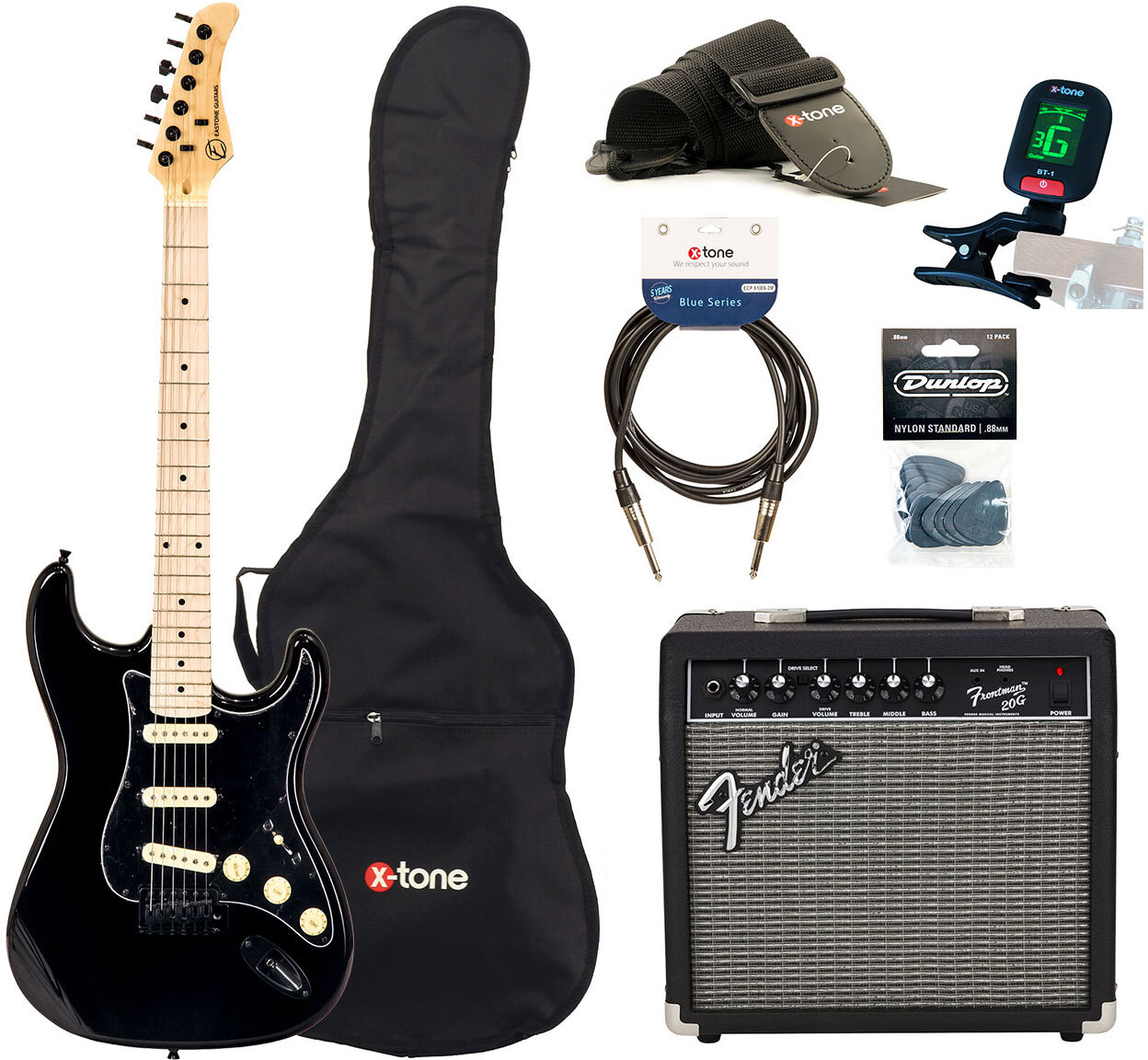 Eastone Str70 Gil +fender Frontman 20g +cable +clip-on Tuner +mediators +housse +courroie - Black - Pack Guitare Électrique - Main picture