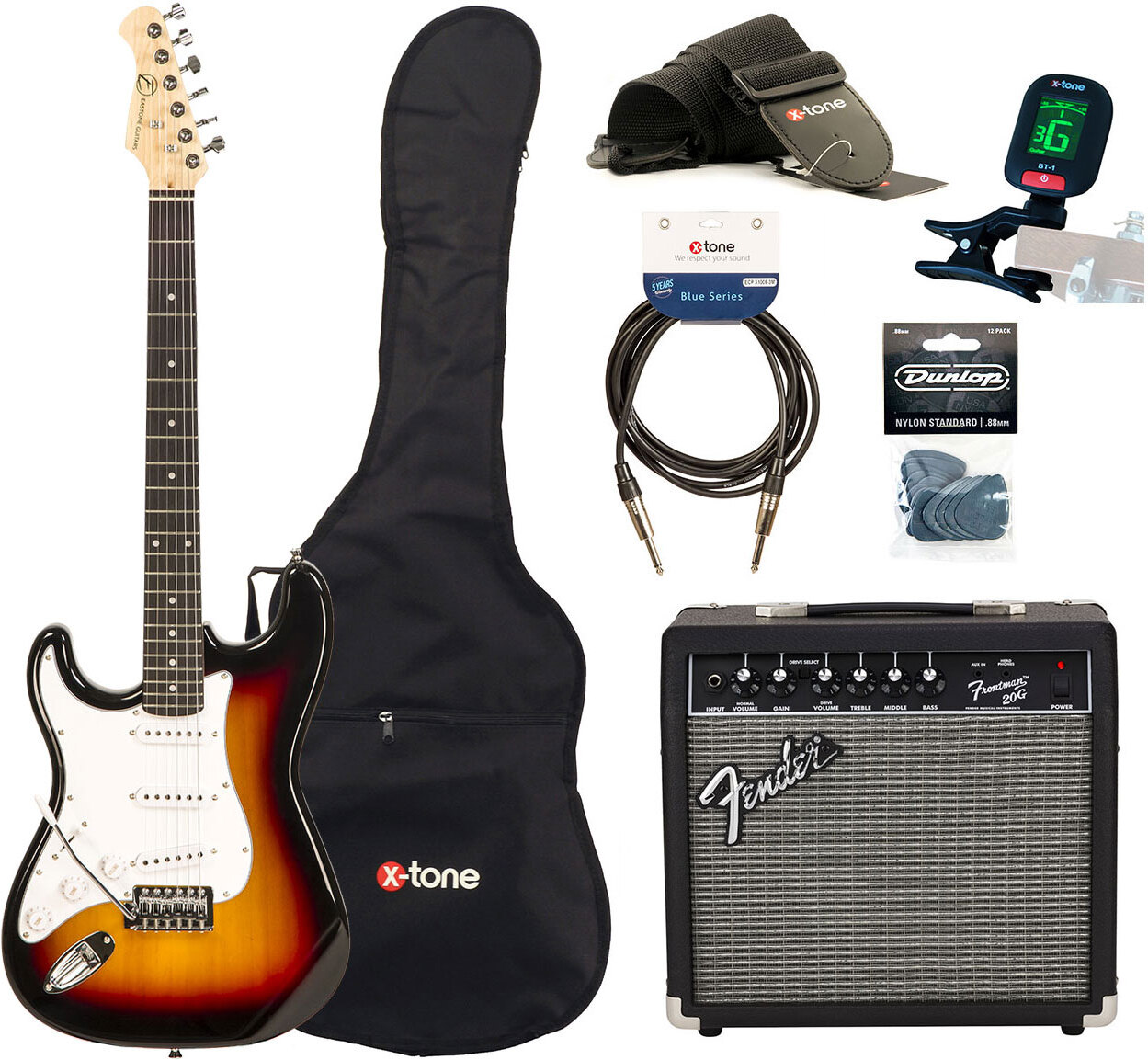 Eastone Str70 Lh Gaucher +fender Frontman 20g +cable +clip-on Tuner +mediators +housse +courroie - 3 Tone Sunburst - Pack Guitare Électrique - Main pi