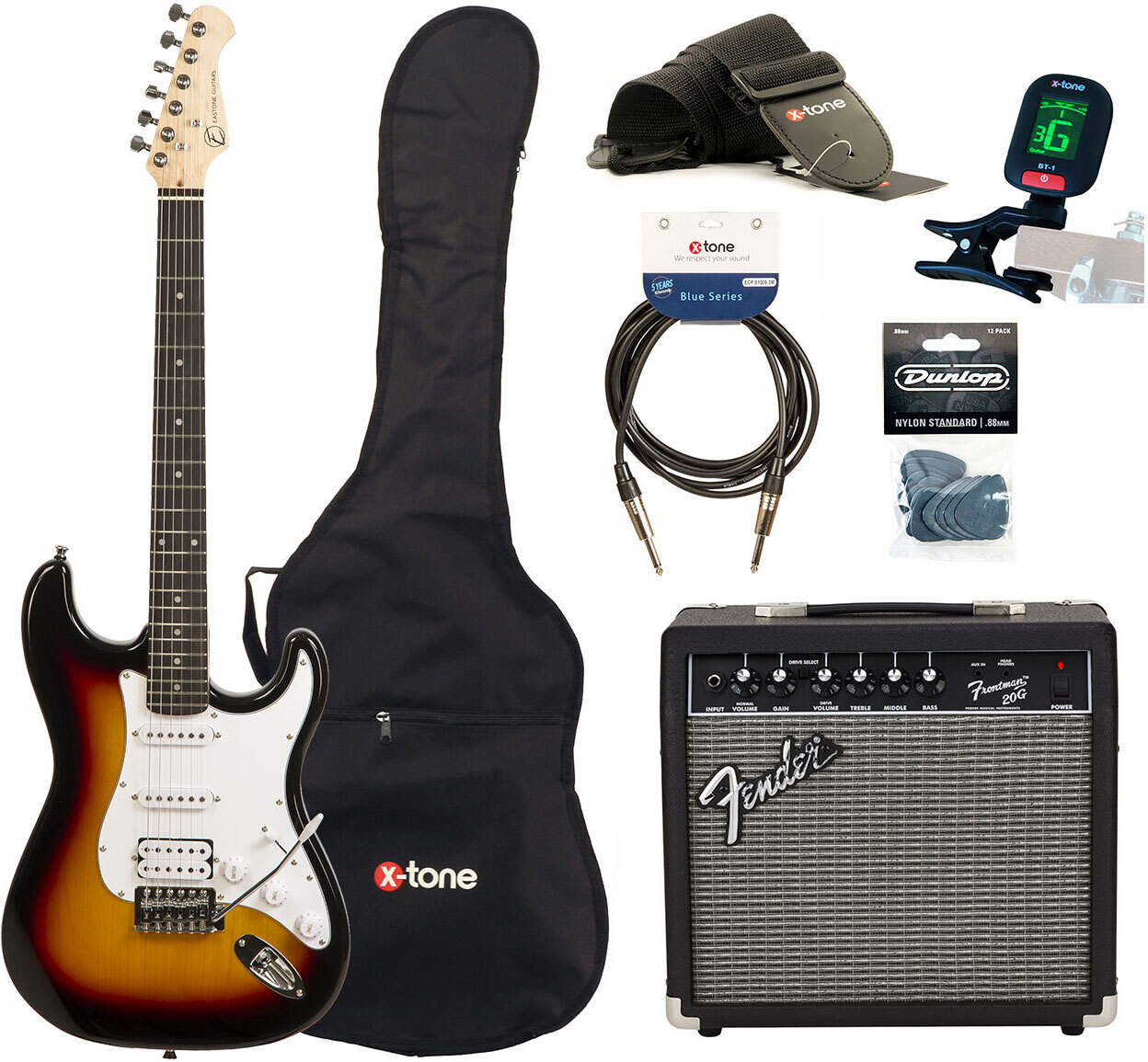 Eastone Str80t Hss +fender Frontman 20g +cable +clip-on Tuner +mediators +housse +courroie - 3 Tone Sunburst - Pack Guitare Électrique - Main picture