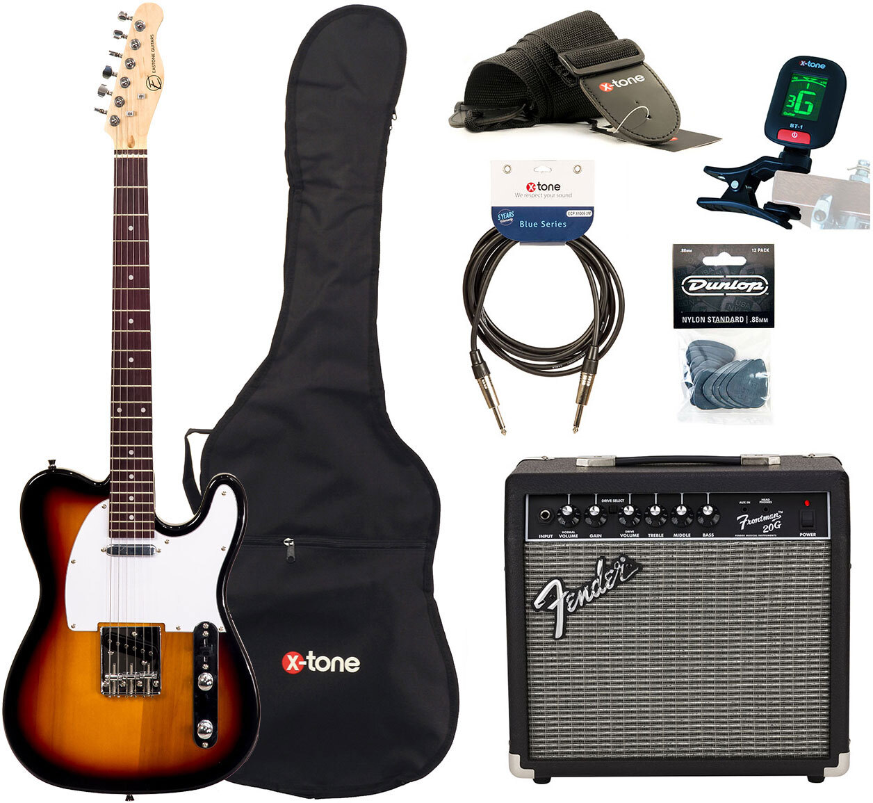 Eastone Tl70 +fender Frontman 20g +cable +clip-on Tuner +mediators +housse +courroie - 3 Tone Sunburst - Pack Guitare Électrique - Main picture