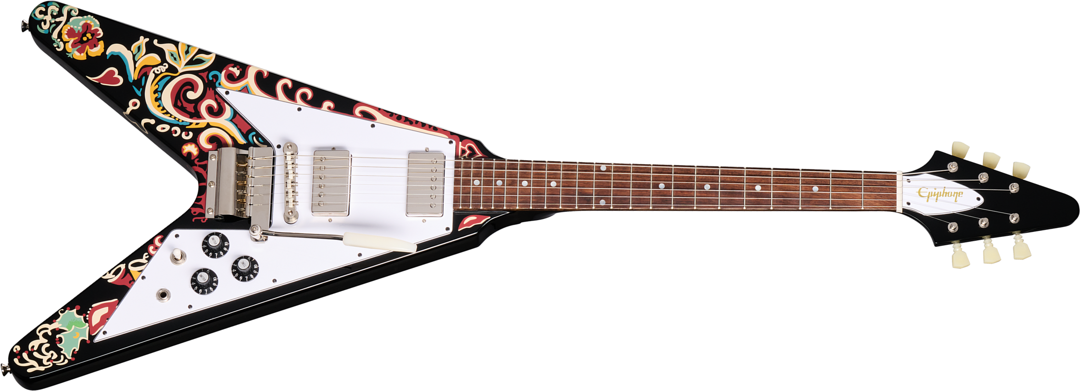 Epiphone Jimi Hendrix Flying V Love Drops Signature 2h Gibson Trem Lau - Ebony - Guitare Électrique Signature - Main picture