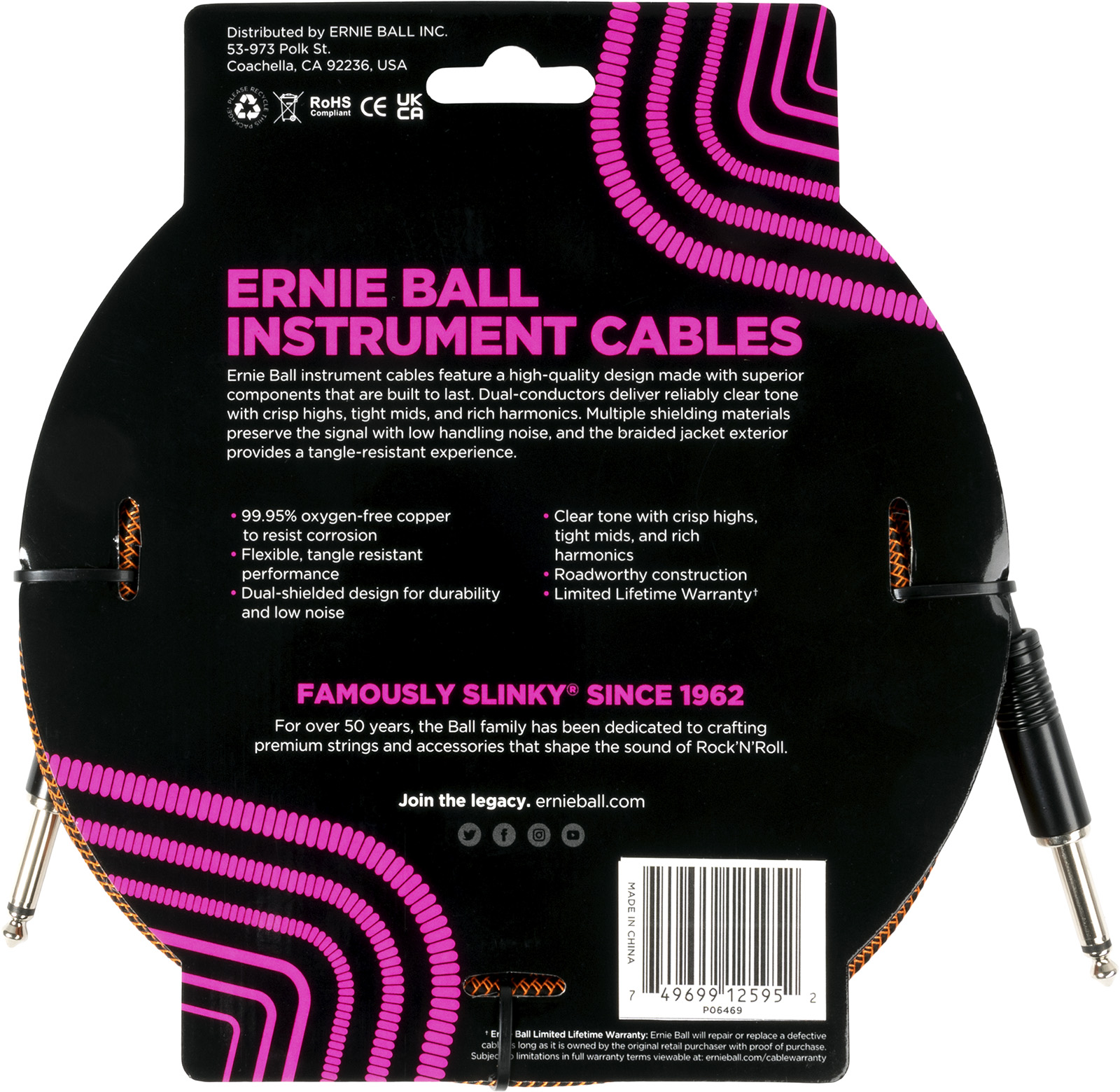 Ernie Ball Cable Instrument Gaine Tissée Jack/jack 5,5m Orange Et Noir - CÂble - Variation 1