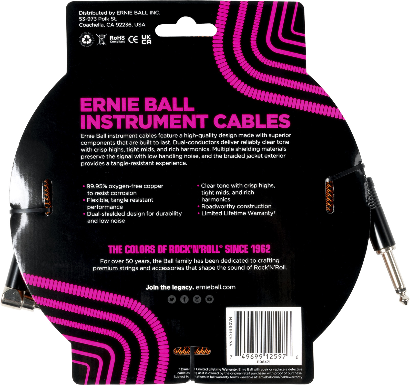 Ernie Ball Cable Instrument Gaine Tissée Jack/jack Coudé 5,5m Orange Et Noir - CÂble - Variation 1