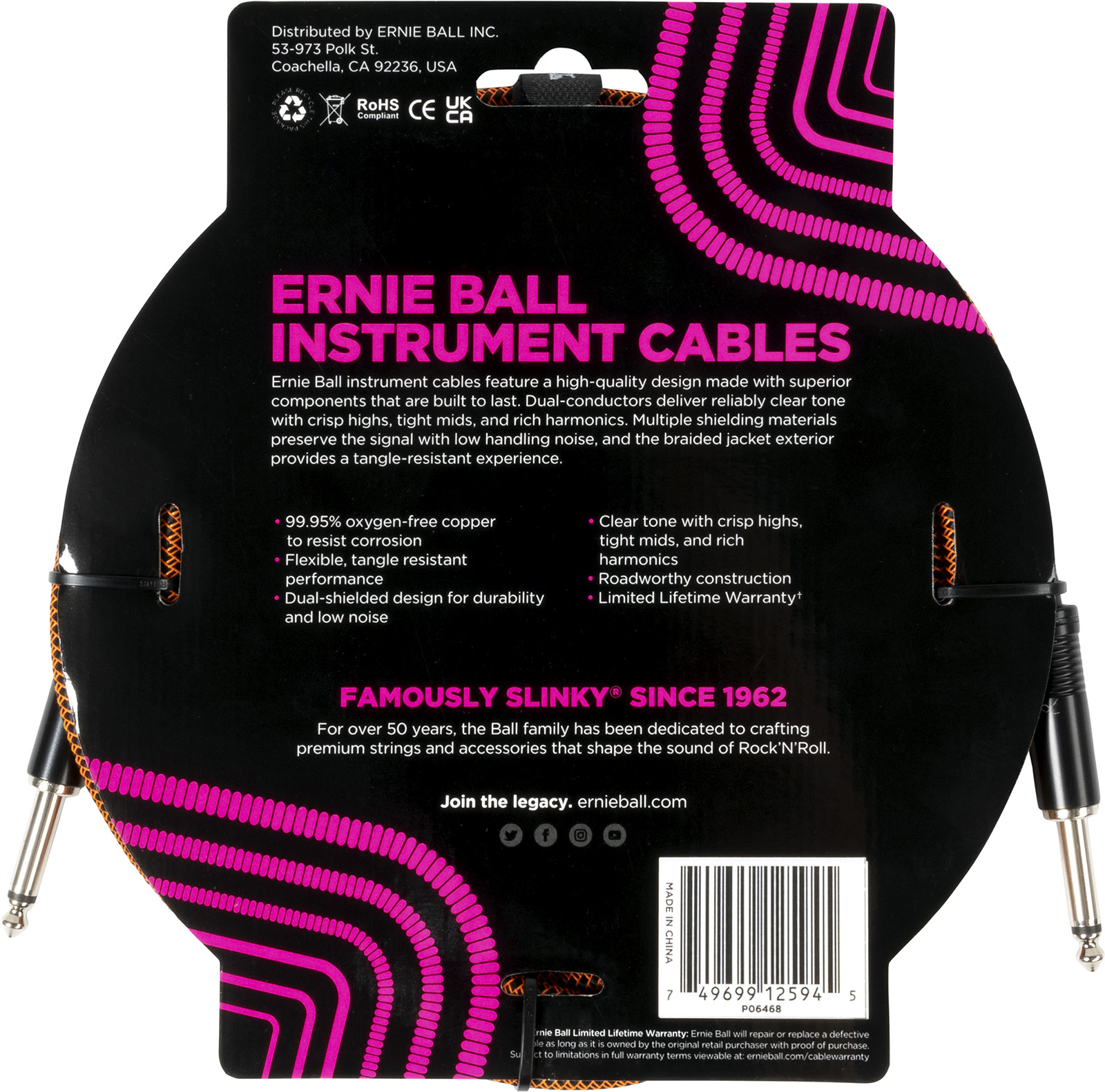 Ernie Ball Cables Instrument Gaine Tissée Jack/jack 3m Orange Et Noir - CÂble - Variation 1