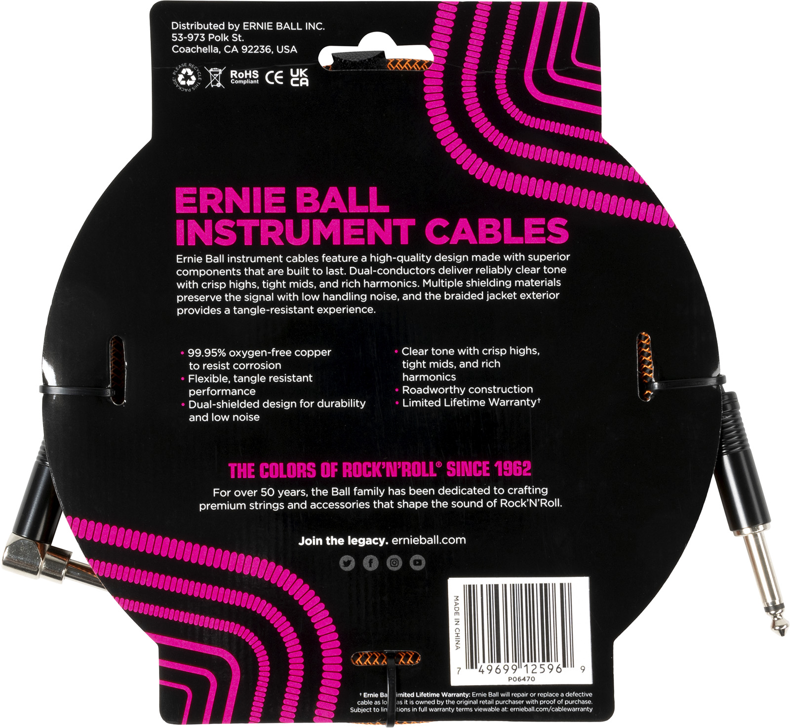 Ernie Ball Cable Instrument Gaine Tissée Jack/jack Coudé 3m Orange Et Noir - CÂble - Variation 1