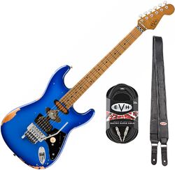 Pack guitare électrique Evh Frankenstein Relic + Premium Cable 20 ft + Premium Leather Strap - Blueburst
