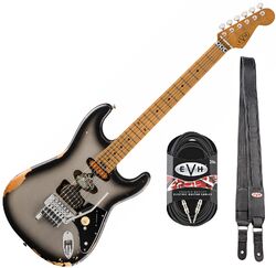 Pack guitare électrique Evh Frankenstein Relic + Premium Cable 20 ft + Premium Leather Strap - Silverburst