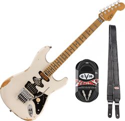 Pack guitare électrique Evh Frankenstein Relic + Premium Cable 20 ft + Premium Leather Strap - White