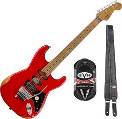 Pack guitare électrique Evh Frankenstein Relic + Premium Cable 20 ft + Premium Leather Strap - Red