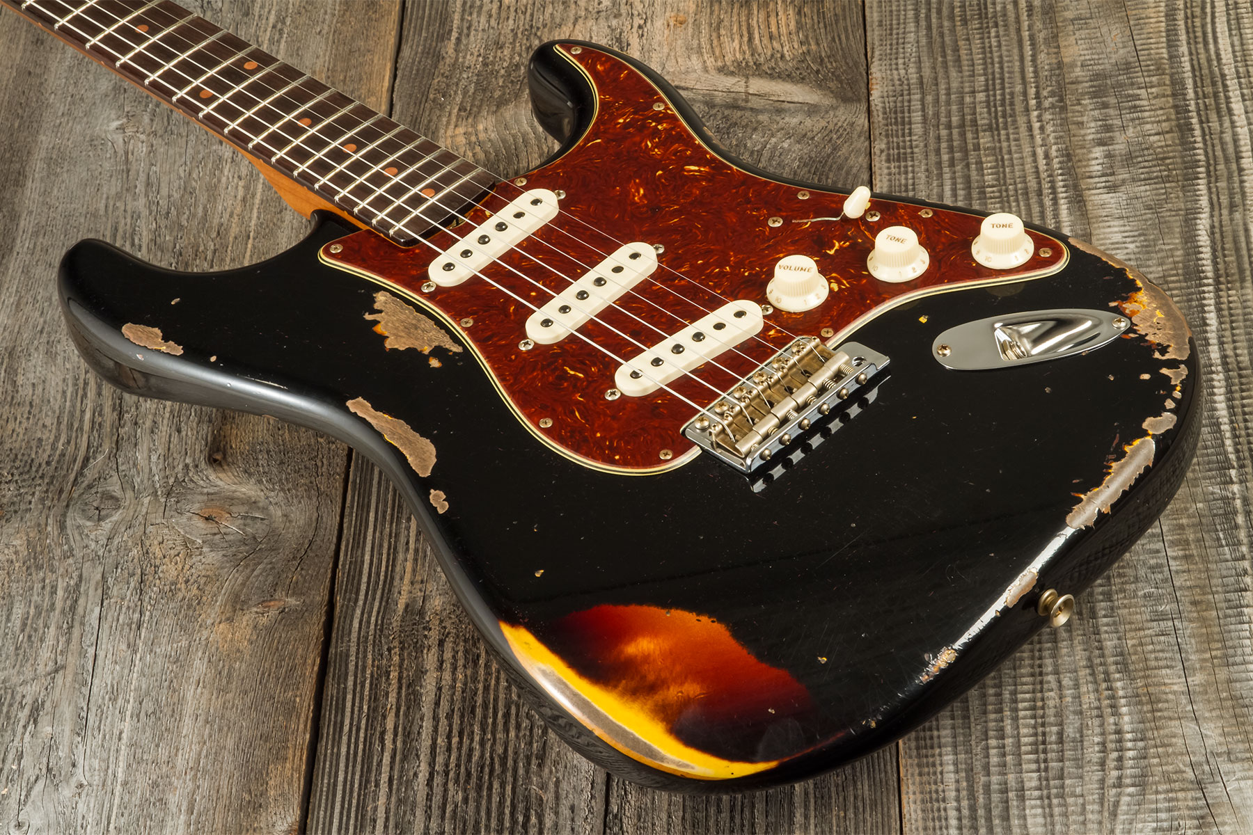 Fender Custom Shop Strat 1961 3s Trem Rw #cz580527 - Super Heavy Relic Black O. 3-color Sunburst - Guitare Électrique Forme Str - Variation 2