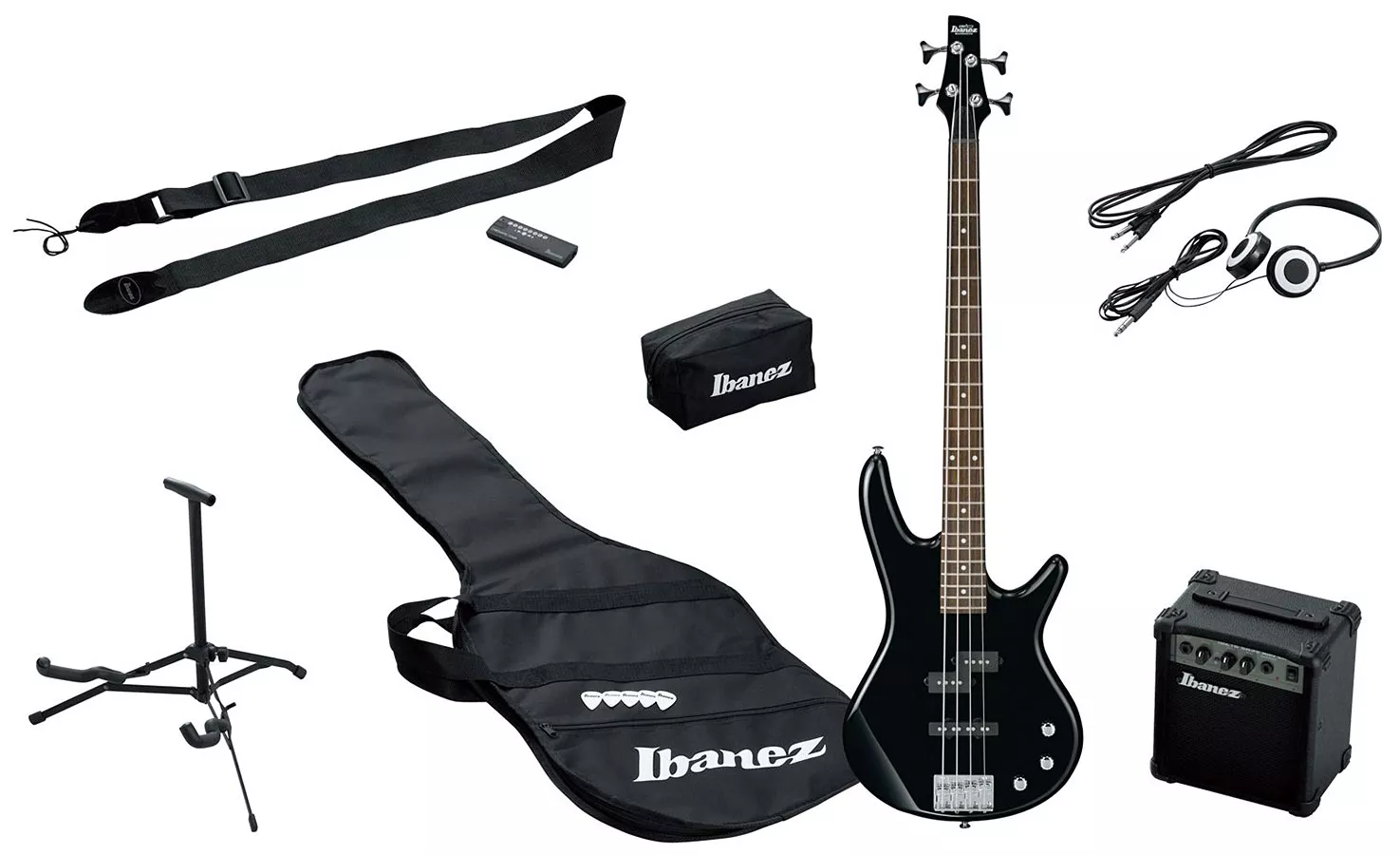 Pack guitare basse Ibanez GSR200BK + ampli Ibanez (+ housse + accordeur +  câble)