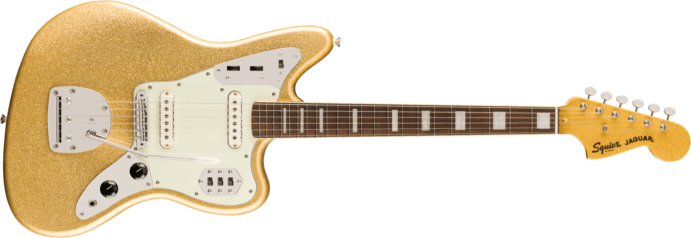 Squier Jaguar 70s Classic Vibe Fsr Ltd Ss 2s Trem Lau - Gold Sparkle W. Matching Headstock - Guitare Électrique RÉtro Rock - Main picture