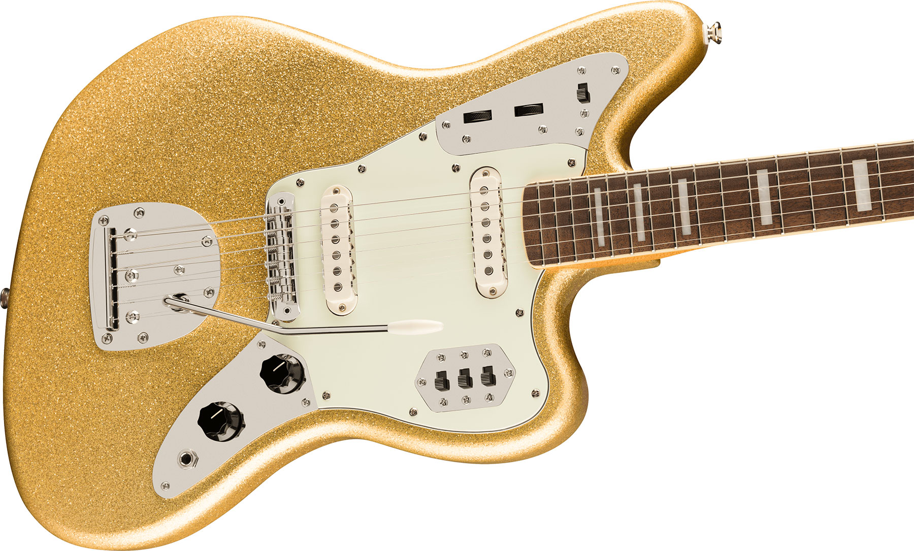 Squier Jaguar 70s Classic Vibe Fsr Ltd Ss 2s Trem Lau - Gold Sparkle W. Matching Headstock - Guitare Électrique RÉtro Rock - Variation 2